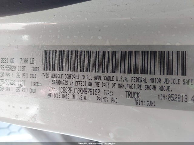 Продаж на аукціоні авто 2019 Ram 1500 Laramie, vin: 1C6SRFJT8KN876192, номер лоту: 45592330