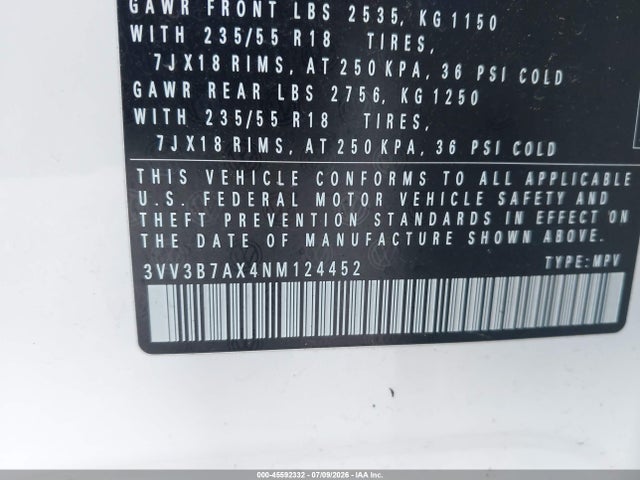 2022 Volkswagen Tiguan 2.0t Se მანქანა იყიდება აუქციონზე, vin: 3VV3B7AX4NM124452, აუქციონის ნომერი: 45592332