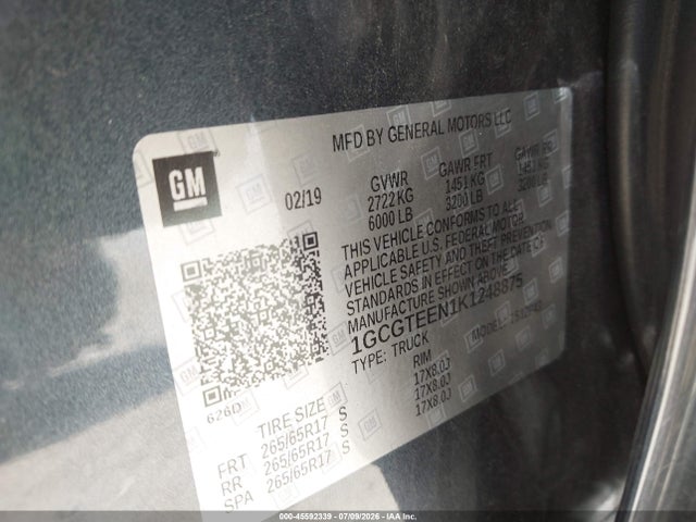 45592339 :رقم المزاد ، 1GCGTEEN1K1248875 vin ، 2019 Chevrolet Colorado Zr2 مزاد بيع
