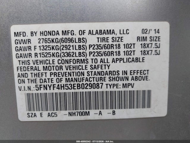 5FNYF4H53EB029087 Honda Pilot Ex-l