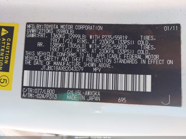 45592353 :رقم المزاد ، JTJBC1BAXB2043079 vin ، 2011 Lexus Rx 450h مزاد بيع