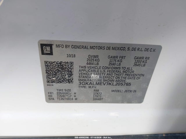 2019 Gmc Terrain Sle მანქანა იყიდება აუქციონზე, vin: 3GKALMEV3KL205765, აუქციონის ნომერი: 45592356