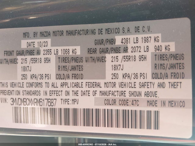 45592362 :رقم المزاد ، 3MVDMBCMXRM617687 vin ، 2024 Mazda Cx-30 Preferred مزاد بيع