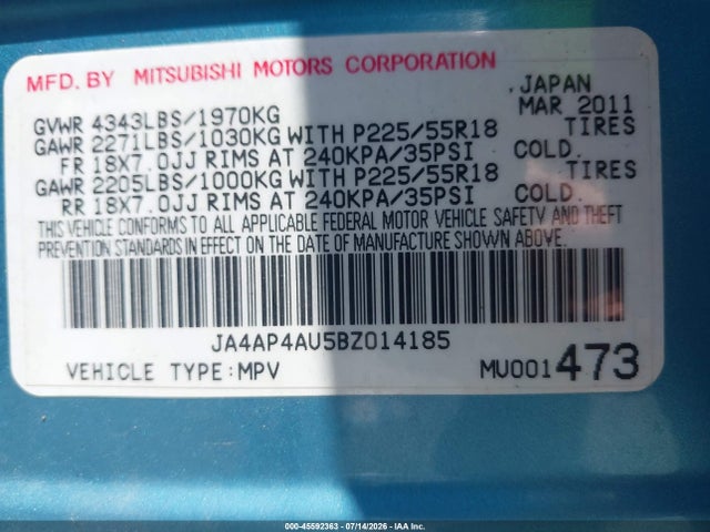 2011 Mitsubishi Outlander Sport Se მანქანა იყიდება აუქციონზე, vin: JA4AP4AU5BZ014185, აუქციონის ნომერი: 45592363