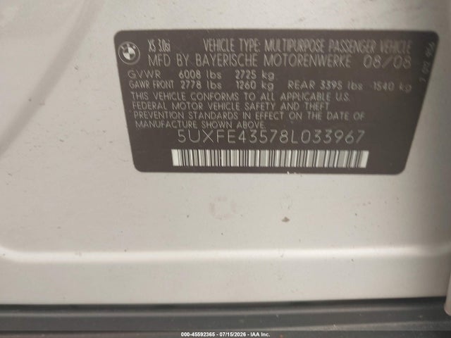 45592365 :رقم المزاد ، 5UXFE43578L033967 vin ، 2008 Bmw X5 3.0si مزاد بيع