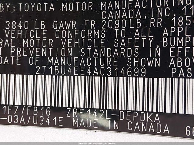 45592377 :رقم المزاد ، 2T1BU4EE4AC314699 vin ، 2010 Toyota Corolla مزاد بيع