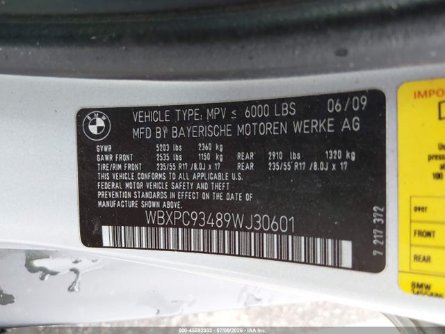 45592383 :رقم المزاد ، WBXPC93489WJ30601 vin ، 2009 Bmw X3 Xdrive30i مزاد بيع