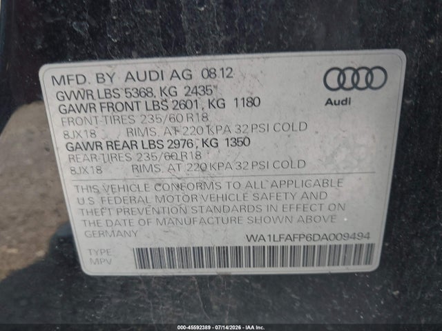 2013 Audi Q5 2.0t Premium მანქანა იყიდება აუქციონზე, vin: WA1LFAFP6DA009494, აუქციონის ნომერი: 45592389