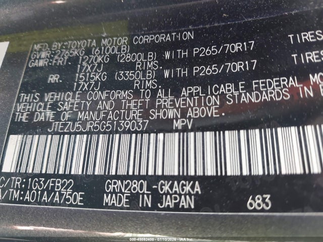 Toyota 4RUNNER SR5 2016 JTEZU5JR5G5139037 Image 9