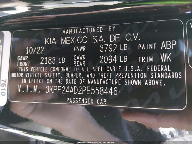 45592410 :رقم المزاد ، 3KPF24AD2PE558446 vin ، 2023 Kia Forte Lxs مزاد بيع