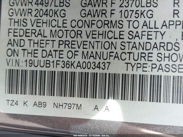 Aukcja sprzedaży 2019 Acura Tlx Standard, vin: 19UUB1F36KA003437, numer aukcji: 45592434