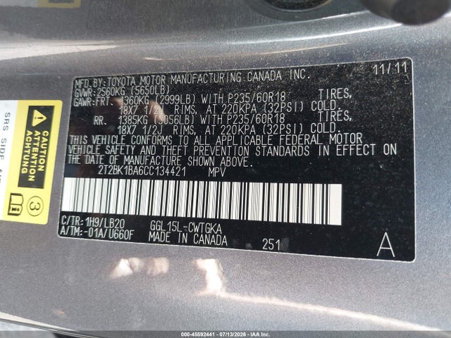 45592441 :رقم المزاد ، 2T2BK1BA6CC134421 vin ، 2012 Lexus Rx 350 مزاد بيع