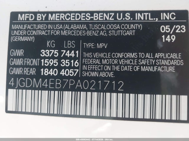 45592442 :رقم المزاد ، 4JGDM4EB7PA021712 vin ، 2023 Mercedes-benz Eqs 580 Suv 4matic مزاد بيع