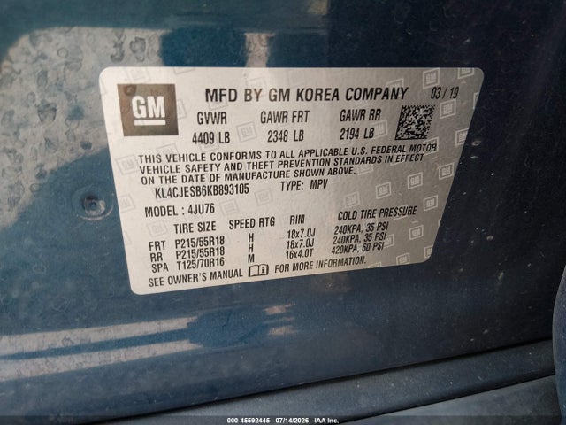 Aukcja sprzedaży 2019 Buick Encore Awd Preferred, vin: KL4CJESB6KB893105, numer aukcji: 45592445