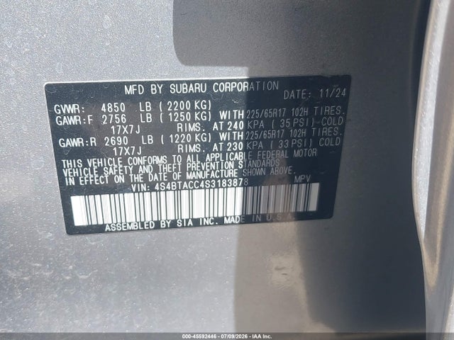 2025 Subaru Outback Premium მანქანა იყიდება აუქციონზე, vin: 4S4BTACC4S3183878, აუქციონის ნომერი: 45592446