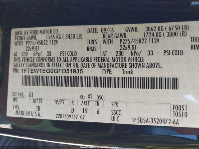 Ford F-150 Limited 2016 1FTEW1EG0GFD51935 Image 9