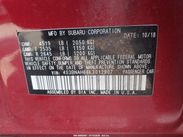 Продажа на аукционе авто 2019 Subaru Legacy 2.5i Premium, vin: 4S3BNAH66K3012907, номер лота: 45592467
