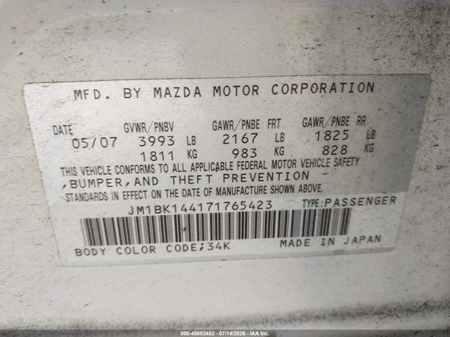 Aukcja sprzedaży 2007 Mazda Mazda3 S Sport, vin: JM1BK144171765423, numer aukcji: 45592482