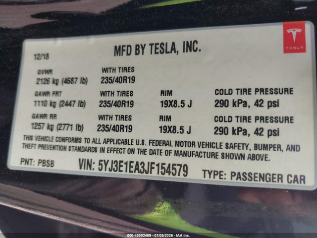 Tesla Model 3 Long Range/mid Range 2018 5YJ3E1EA3JF154579 Image 9