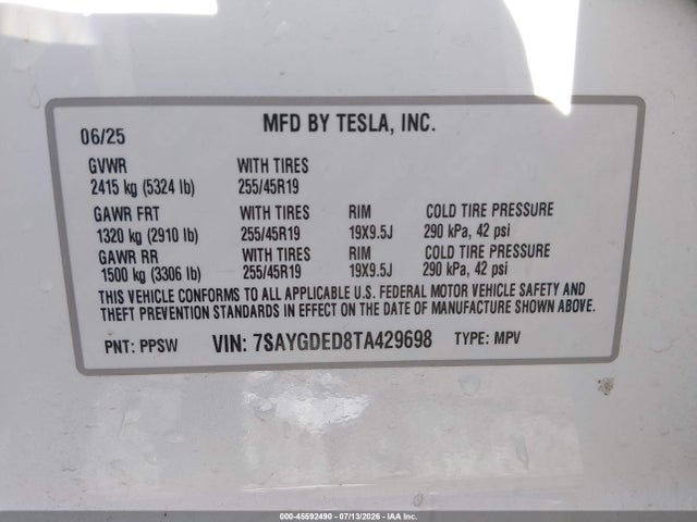 Aukcja sprzedaży 2026 Tesla Model Y Premium Rear-wheel Drive/rear-wheel Drive, vin: 7SAYGDED8TA429698, numer aukcji: 45592490