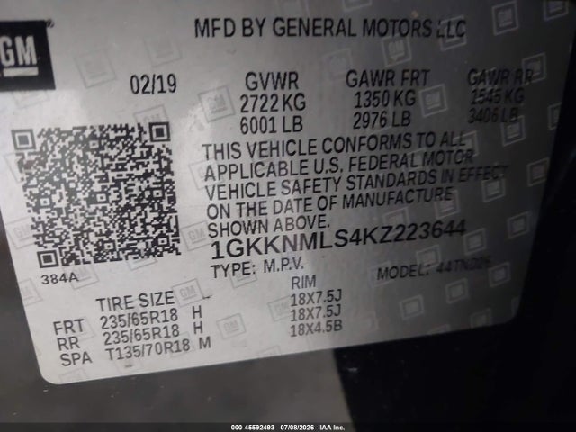 2019 Gmc Acadia Slt-1 მანქანა იყიდება აუქციონზე, vin: 1GKKNMLS4KZ223644, აუქციონის ნომერი: 45592493