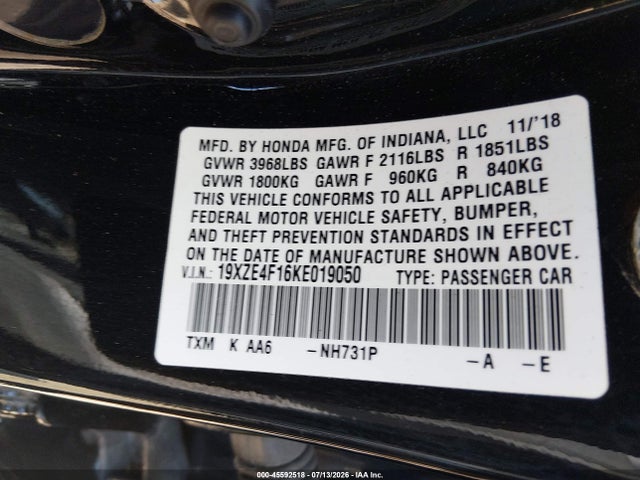 Honda Insight Lx 2019 19XZE4F16KE019050 Image 9