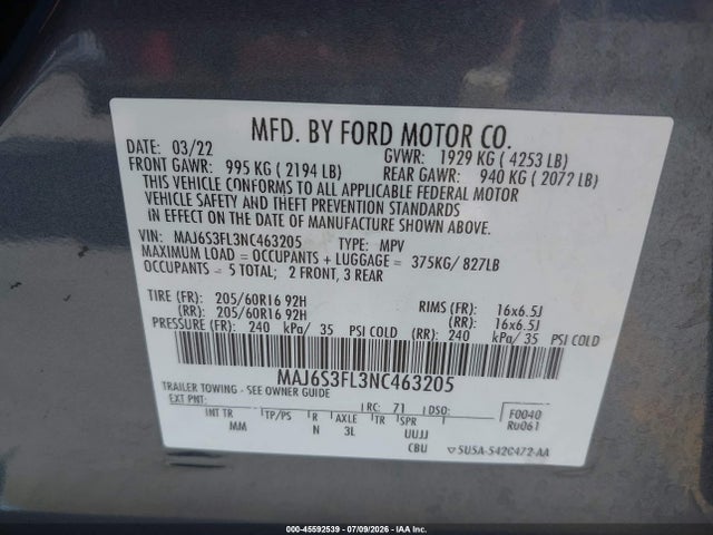 Ford ECOSPORT S 2022 MAJ6S3FL3NC463205 Image 9
