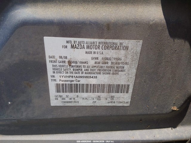 2009 Mazda Mazda6 I Sport მანქანა იყიდება აუქციონზე, vin: 1YVHP81A095M05435, აუქციონის ნომერი: 45592545