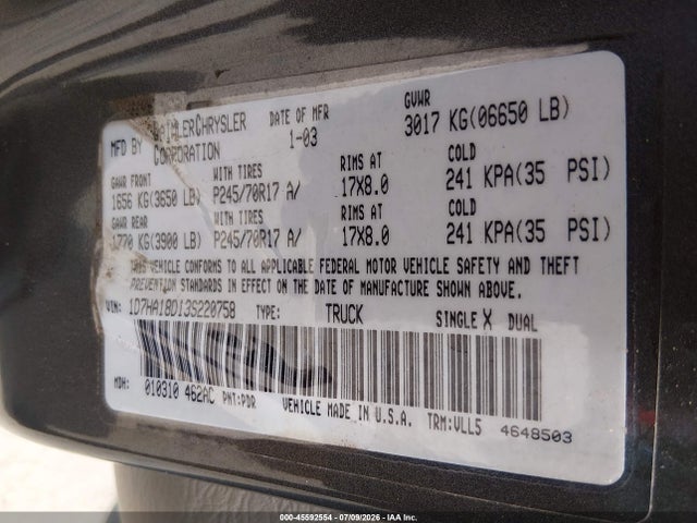 Продаж на аукціоні авто 2003 Dodge Ram 1500 Slt/laramie/st, vin: 1D7HA18D13S220758, номер лоту: 45592554