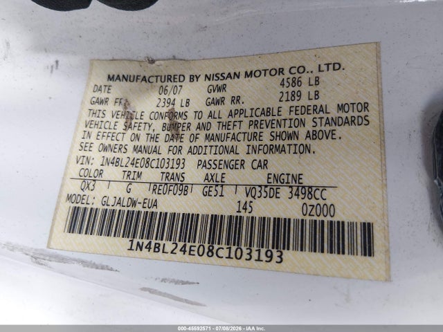 45592571 :رقم المزاد ، 1N4BL24E08C103193 vin ، 2008 Nissan Altima 3.5 Se مزاد بيع