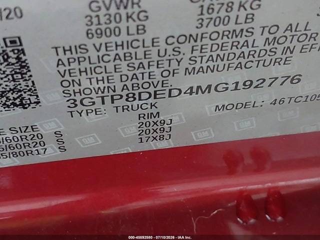 Aukcja sprzedaży 2021 Gmc Sierra 1500 2wd  Short Box Slt, vin: 3GTP8DED4MG192776, numer aukcji: 45592580