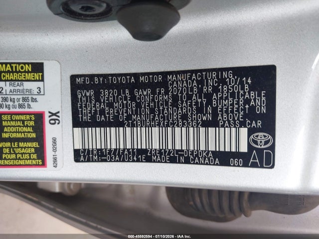 2T1BURHEXFC283362 Toyota COROLLA L