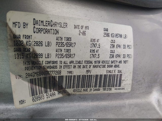 Продаж на аукціоні авто 2006 Chrysler Pacifica Touring, vin: 2A4GM68446R777268, номер лоту: 45592613