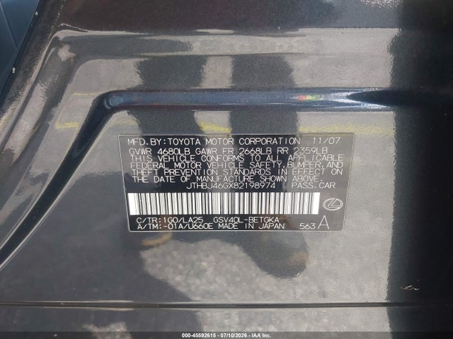 Aukcja sprzedaży 2008 Lexus Es 350, vin: JTHBJ46GX82198974, numer aukcji: 45592615