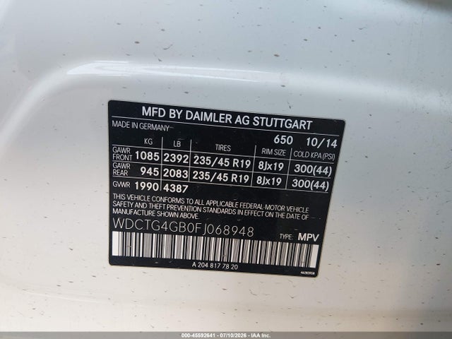 WDCTG4GB0FJ068948 Mercedes-Benz Gla 250 4matic