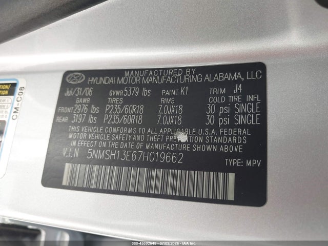 Aukcja sprzedaży 2007 Hyundai Santa Fe Limited/se, vin: 5NMSH13E67H019662, numer aukcji: 45592645