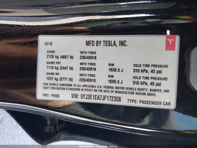 Tesla Model 3 Long Range/mid Range 2018 5YJ3E1EA7JF172356 Image 9