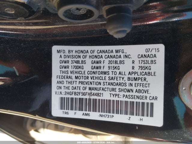 45592659 :رقم المزاد ، 2HGFB2F56FH544821 vin ، 2015 Honda Civic Lx مزاد بيع