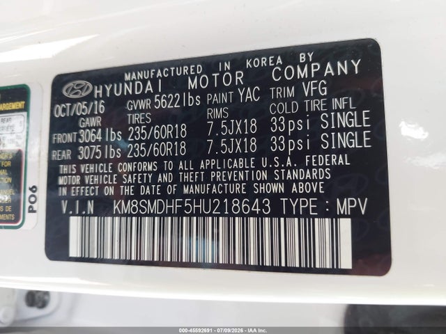 Hyundai Santa Fe Se 2017 KM8SMDHF5HU218643 Image 9