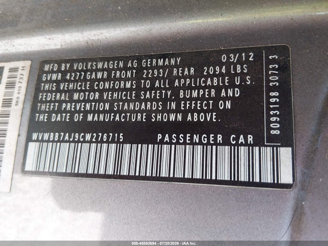 45592694 :رقم المزاد ، WVWBB7AJ9CW276715 vin ، 2012 Volkswagen Golf 2.5l 2-door مزاد بيع