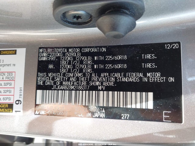 2021 Lexus Nx 300 მანქანა იყიდება აუქციონზე, vin: JTJGARBZ8M2188317, აუქციონის ნომერი: 45592696