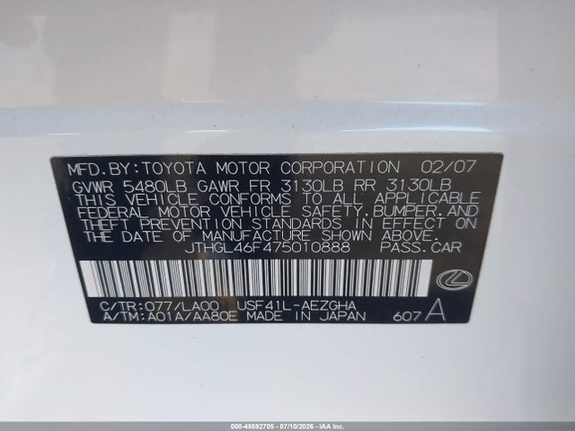 45592705 :رقم المزاد ، JTHGL46F475010888 vin ، 2007 Lexus Ls 460 L مزاد بيع