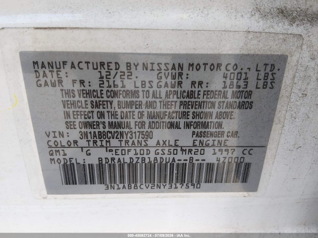 2022 Nissan Sentra Sv Xtronic Cvt მანქანა იყიდება აუქციონზე, vin: 3N1AB8CV2NY317590, აუქციონის ნომერი: 45592724