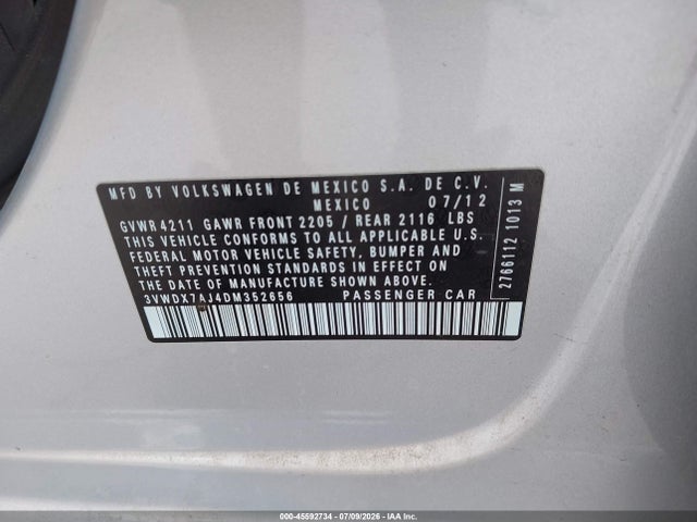 2013 Volkswagen Jetta 2.5l Se მანქანა იყიდება აუქციონზე, vin: 3VWDX7AJ4DM352656, აუქციონის ნომერი: 45592734