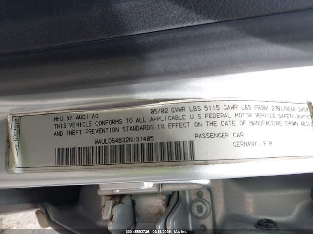 Продажа на аукционе авто 2002 Audi A6 2.7t, vin: WAULD64B32N137405, номер лота: 45592736