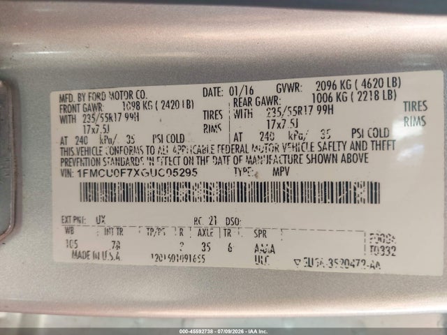 Auction sale of the 2016 Ford Escape S, vin: 1FMCU0F7XGUC05295, lot number: 45592738