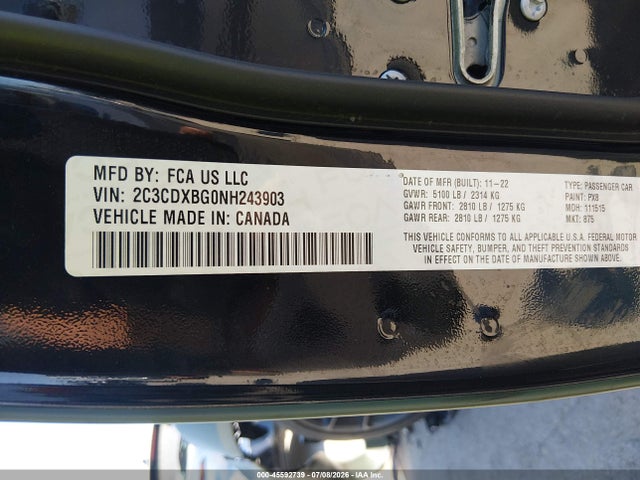 2C3CDXBG0NH243903 Dodge Charger Sxt Rwd