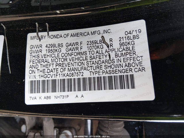 Honda ACCORD LX 2019 1HGCV1F11KA087572 Image 9