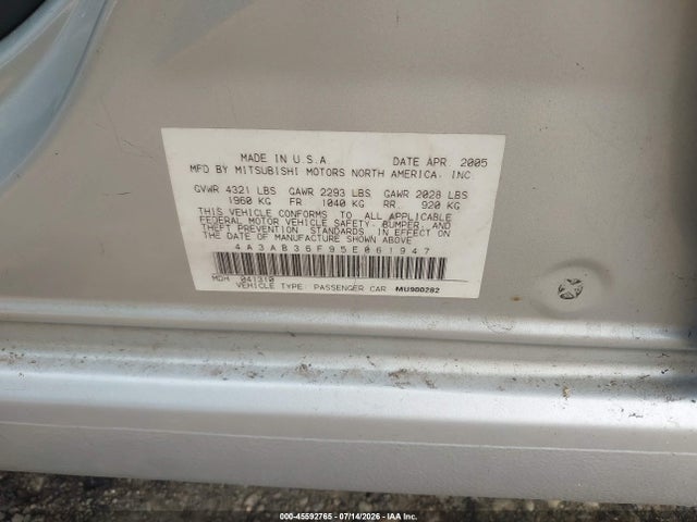 Aukcja sprzedaży 2005 Mitsubishi Galant Es/se, vin: 4A3AB36F95E061947, numer aukcji: 45592765