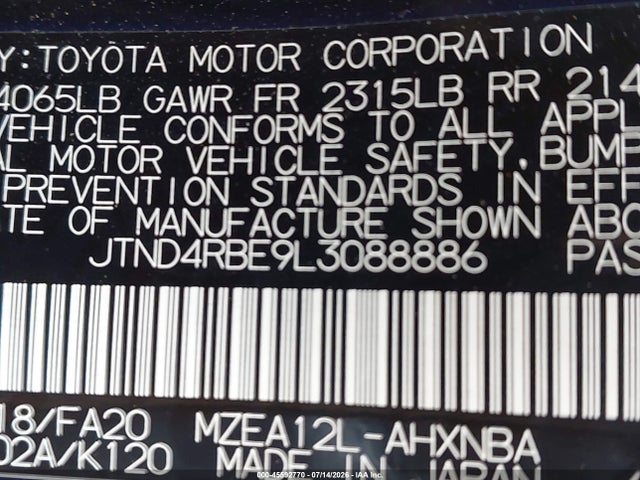 45592770 :رقم المزاد ، JTND4RBE9L3088886 vin ، 2020 Toyota Corolla Se Nightshade Edition مزاد بيع